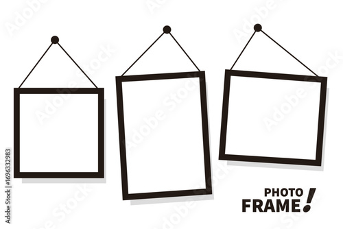 Empty white photo frame with hanging string. Frames of different shapes on the wall, empty retro memory album. Photography collage vector mockup set. Design illustration.