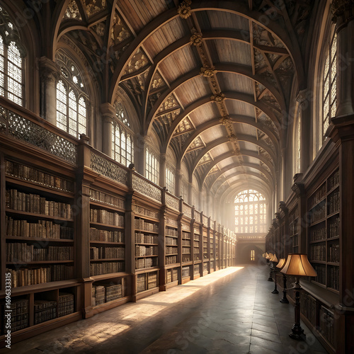 An ancient library with endless bookshelves stretches into eternity  radiating wisdom  mystery
