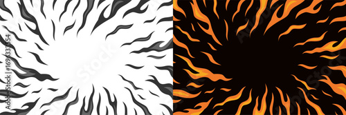 Background fire effect. Fantastic hot red fire like in comics in the form of exploding round fire frames. Burning fire texture in anime style. Design illustration.