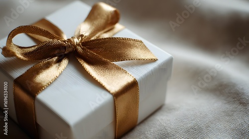 A close-up of a white gift box, beautifully adorned with a gold ribbon and bow, resting on a soft, neutral backdrop.