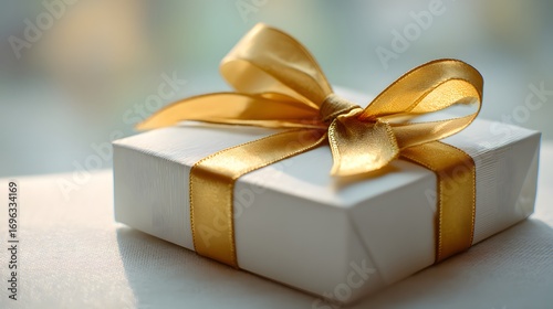 A close-up view of a white gift box adorned with a golden ribbon bow, showcasing a simple yet elegant presentation.