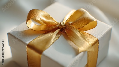 A close-up view of a white gift box tied with a gold ribbon, showcasing a delicate and elegant design.
