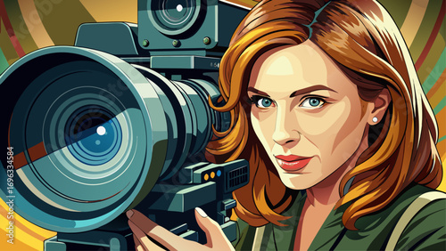 Close-up portrait of female filmmaker adjusting camera lens. Isolated background emphasizes confidence, skill, and storytelling.