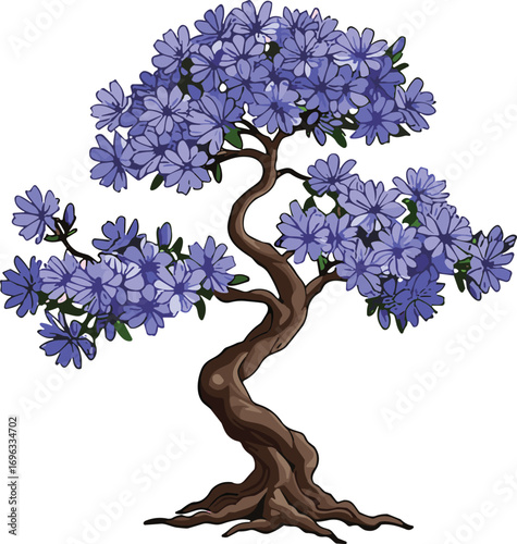 Beautiful purple flowering tree with twisted trunk, isolated on white background, nature illustration, bonsai style, spring blossom, ornamental plant, gardening concept.