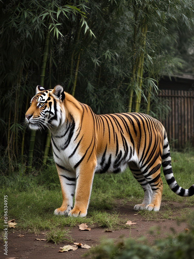 Fototapeta premium Majestic tiger roaming in bamboo grove wildlife photography natural habitat side view captivating nature moment