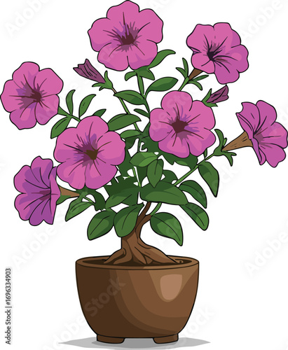 Beautiful purple flowering plant in brown pot, vibrant green leaves, indoor garden decoration, botanical illustration, potted plant art on white background