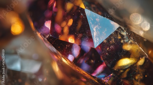 A detailed close-up view of a multifaceted crystal, showcasing vibrant colors and intricate facets.