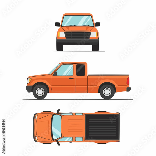 Orange Pickup Truck Vector Illustration Front Side Top View Isolated on White
