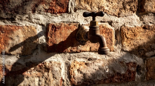 A dripping faucet against a weathered brick wall, casting a long shadow.