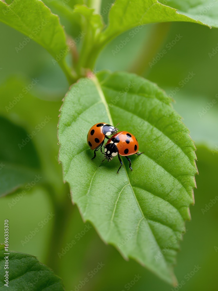 Fototapeta premium Ladybugs mating on green leaf nature close-up outdoor environment macro viewpoint insect behavior