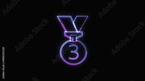  3rd Place Medal Icon Neon Seamless Loop 4K with Black Background Animated Promotional Typography for Video Editing
