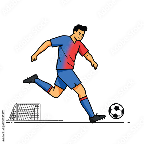 A vibrant 2D flat vector illustration depicts a male soccer player in a dynamic pose, powerfully striking a football towards the goal on a clean white background, showcasing athleticism and movement.