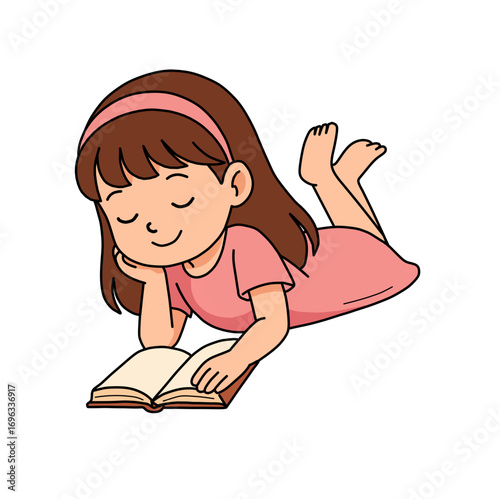 Happy Girl reading book while lying down simple vector