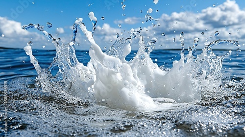   A zoomed-in picture of a drop of water glistening on the surface of a tranquil pond, surrounded by a clear blue sky and fluffy white clouds
