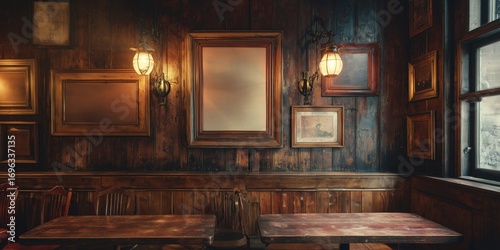 A blank picture frame hanging on the old textured wooden wall in a cosy old english or irish pub