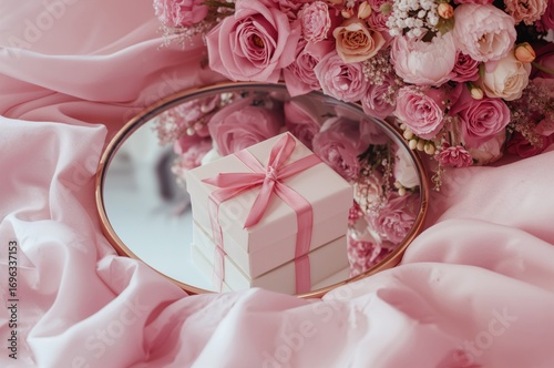 Wallpaper Mural Elegant gift package mirrored on a backdrop of delicate fabric and blossoms. Celebrating Women's and Mother's Day with a thoughtful present. Soft image featuring an eye-shaped bohemian mirror and Torontodigital.ca