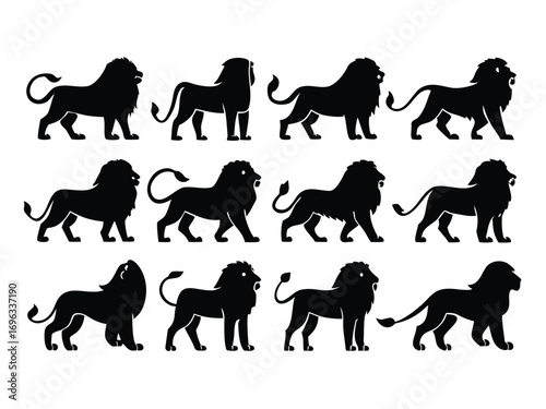 Graphic collection of lion silhouettes in various walking and standing poses, ideal for logos or emblems