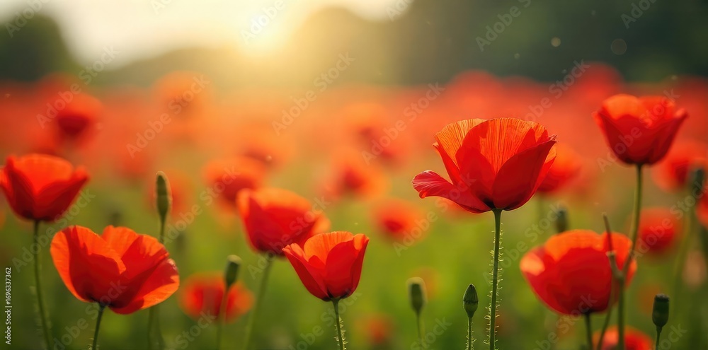 Fototapeta premium A field of vibrant red poppies swaying gently in the breeze, sunlight illuminating delicate petals Perfect for themes of remembrance, beauty, and the fleeting nature of life , floral, breeze