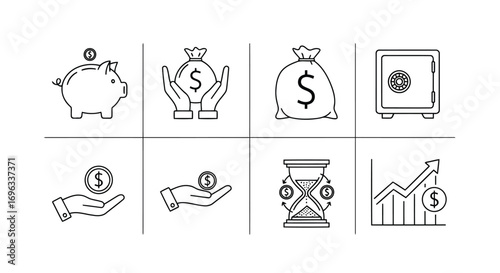 Vector illustration of collection of handdrawn finance and money icons, including a piggy bank, money bags, safe, coins, hourglass, and stock chart