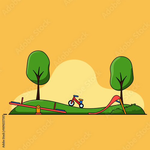 Illustration of a Flat Design Children's Playground with Swings and Bicycles