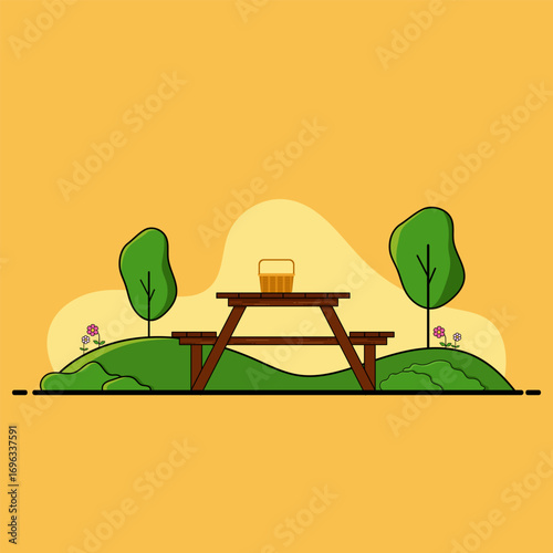 Illustration of a Picnic Table in a Park with a Basket