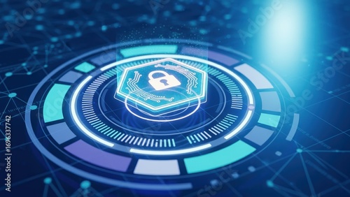 A glowing biometric lock hologram surrounded by neon rings and network nodes, representing advanced cybersecurity, data protection, phishing