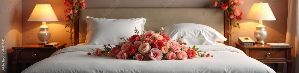 Obraz premium A luxurious bed adorned with a breathtaking floral arrangement, creating a romantic and whimsical scene Perfect for wedding, spa, or luxury hotel marketing , fresh, bed, decoration