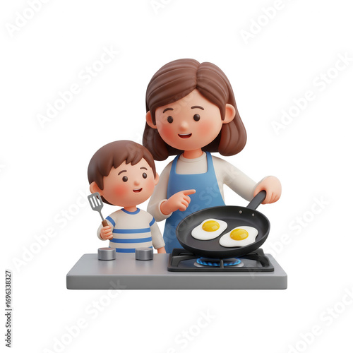 Mother Cooking Breakfast Eggs With Her Son On A Transparent Background