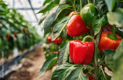 Red and green peppers grow in the greenhouse, with lush leaves surrounding them