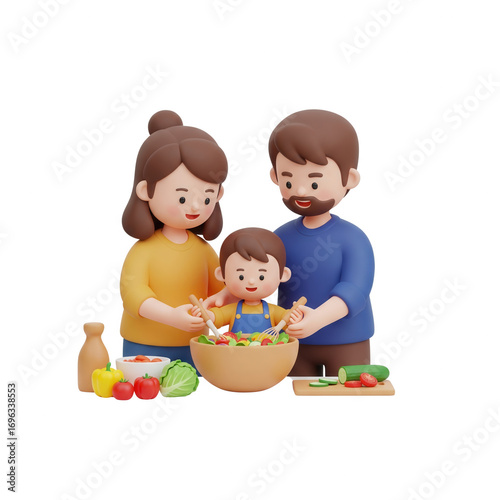 Joyful Family Preparing Healthy Salad Together On A Transparent Background