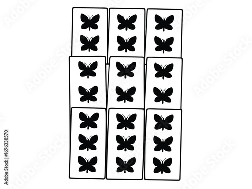 A minimalist graphic illustration featuring a repeating pattern of black butterfly silhouettes arranged in a neat grid of twelve rectangular cards on a white background