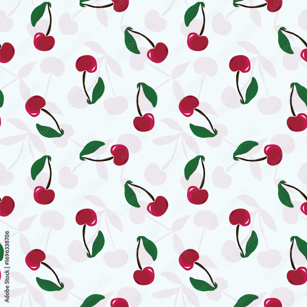 Cherry summer fruit seamless pattern for textile design. Vector hand drawn illustrations background.
