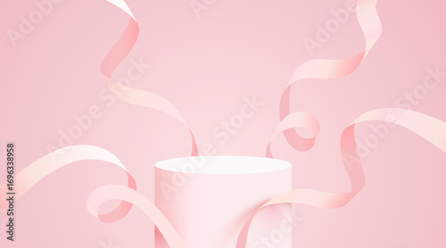 Abstract scene background. Cylinder podium background with confetti and ribbons. Product presentation, mock up, show cosmetic product, Podium, stage pedestal or platform.