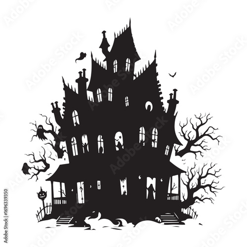 Spooky Haunted House Silhouette with Ghosts and Bare Trees - Halloween Silhouette Vector Art