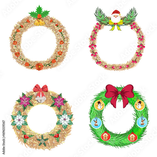 Beautiful Christmas Wreaths with Bells, Santa, Flowers, Bows, Snowman, Reindeer, Holly, and Festive Holiday Decorations in Circular Design

