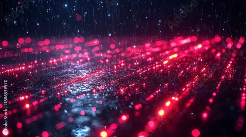 Abstract digital art with red and blue glowing particles and lines