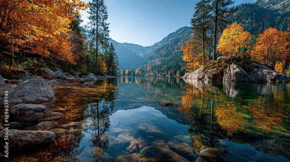 Naklejka premium Scenic lake surrounded by colorful autumn trees, clear reflection on water, blue sky background
