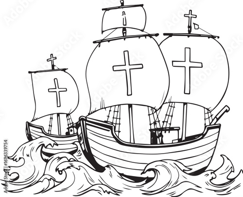 “The Fleet That Didn’t Just Sail, It Sought Something Sacred”

“Crosses in the Canvas, Currents in the Soul”

“Three Ships, One Storm, Infinite Meaning”