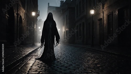 Gloomy Figure Strolls Dark Rainy Alleyway.