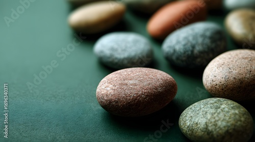 Close-up view of smooth, colorful stones arranged on a deep teal surface, showcasing natural textures and a serene mood.