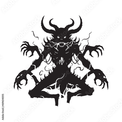 Dark silhouette of a terrifying horned demon creature with spiky claws - Halloween Silhouette Vector Art