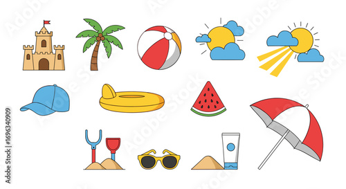 Collection of summer vacation and beach activities vacation icons for holiday relaxation fun in the sun