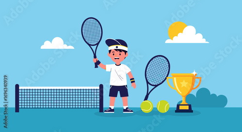 Enthusiastic young tennis player celebrating victory with trophy and equipment on sunny day