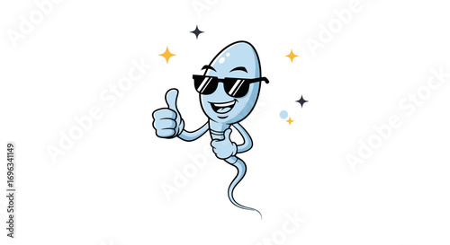 Funny sperm character giving thumbs up and wearing sunglasses with sparkles