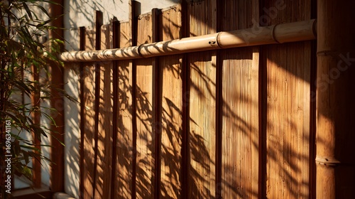 A warm, golden-toned bamboo wall, dappled with the shadows of foliage, creates a serene and peaceful ambiance.