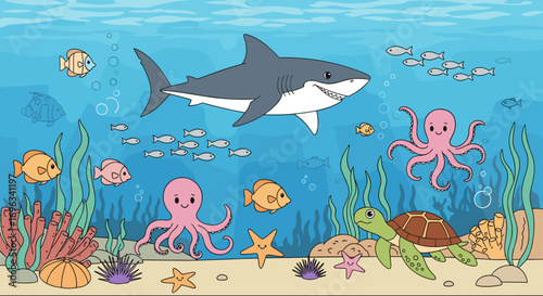 Vibrant underwater scene showcasing a majestic shark swimming amongst diverse marine life and colorful coral reefs teeming with fish octopuses and a sea turtle