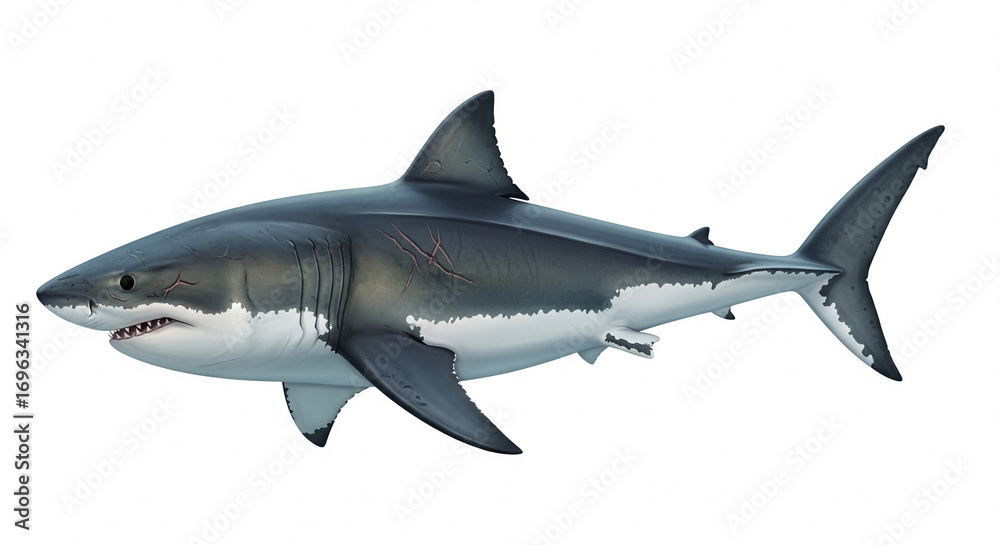 Naklejka premium Great White Shark swimming in side view on isolated transparent background