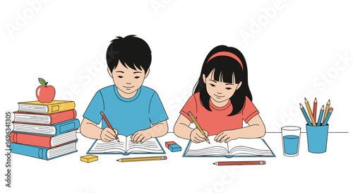 Children diligently studying together with books pencils and art supplies inspiring young minds for future success