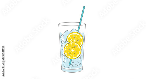 Refreshing tall glass filled with ice water and two lemon slices and a blue straw