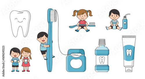 Children's dental hygiene routine with toothbrushes floss mouthwash and toothpaste illustration